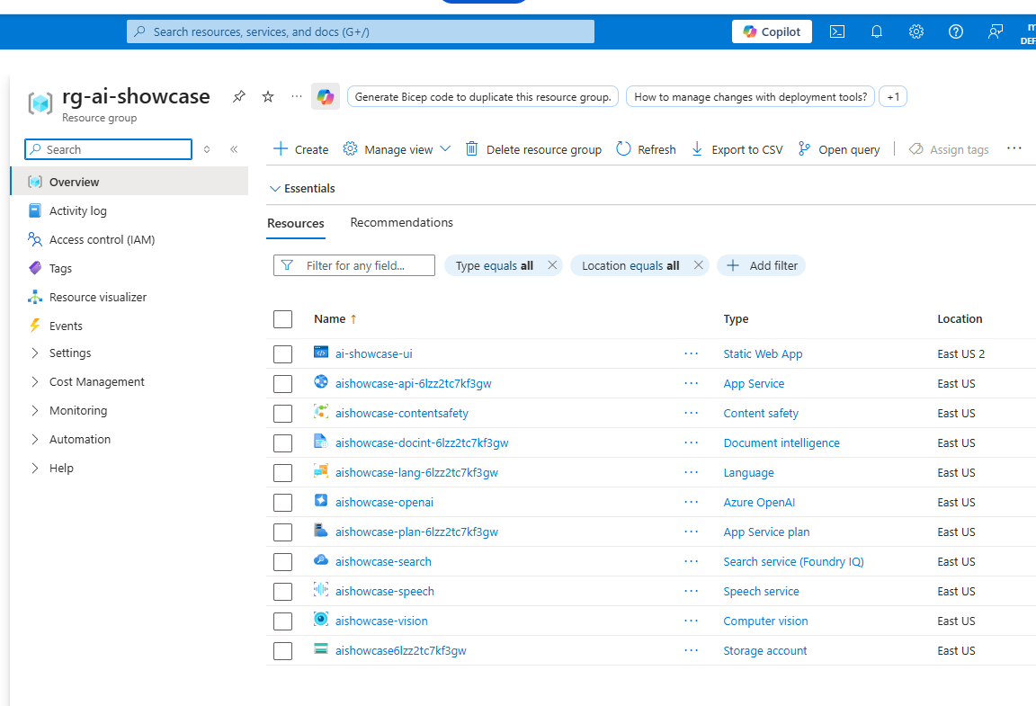 Azure Portal showing the rg-ai-showcase resource group with ten provisioned PaaS resources