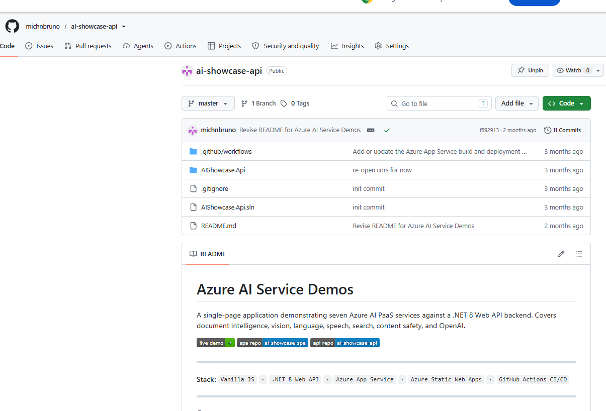 GitHub repository ai-showcase-api with README, commit history, and CI/CD workflow