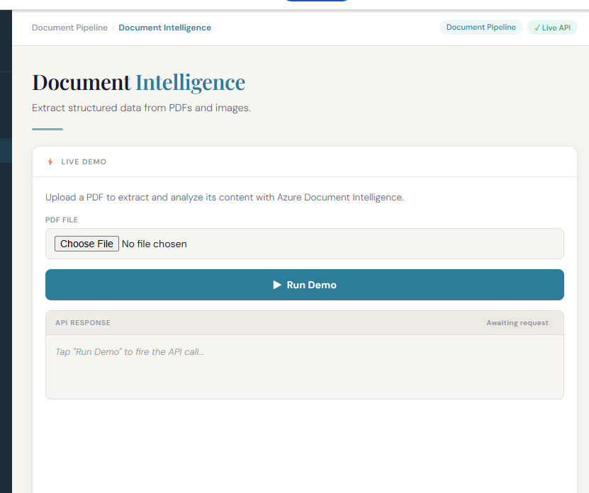 Live Document Intelligence demo screen with a file upload control and API response panel