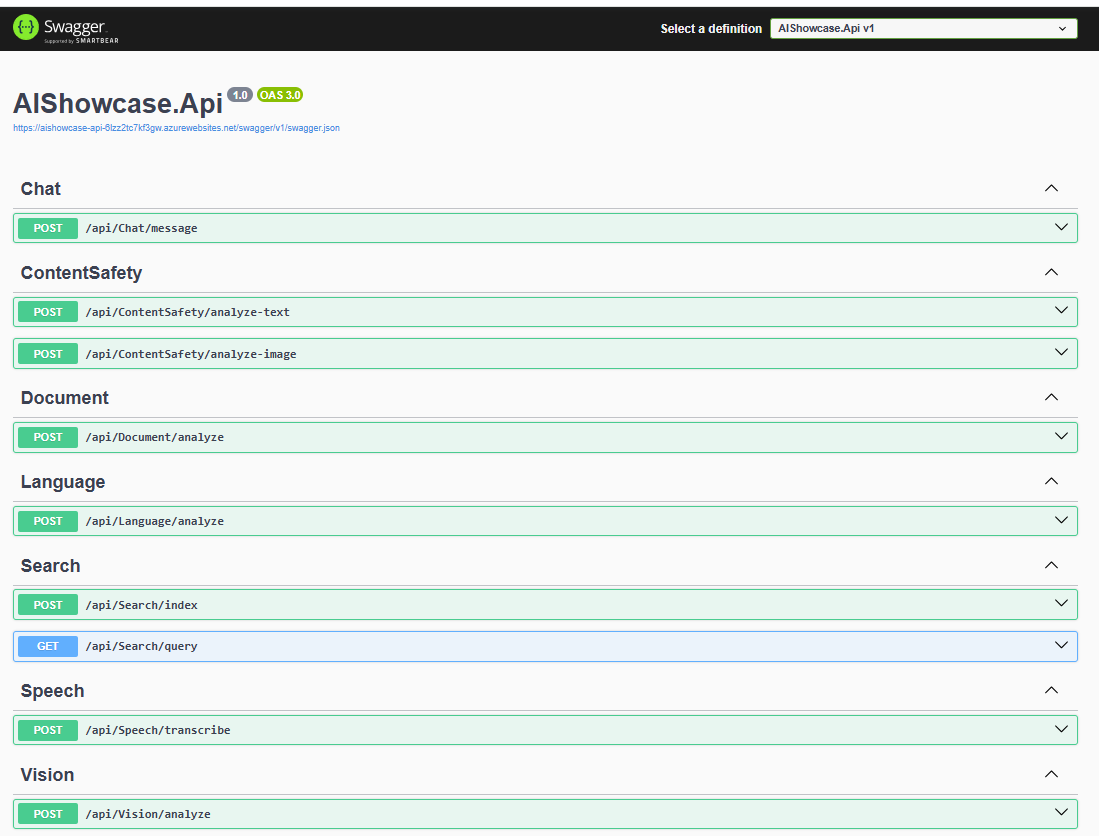 Swagger OpenAPI documentation listing Chat, ContentSafety, Document, Language, Search, Speech, and Vision endpoints